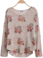 Shein Aprioct Long Sleeve Florals Print Dipped Hem Knitwear