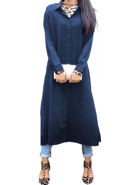 Shein Blue Chemise Lapel Button-down Slit Dress