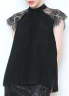 Rosewe Black Lace Patchwork Pleated Turtleneck Blouse