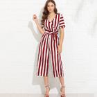 Shein V Neckline Self Tie Waist Striped Jumpsuit