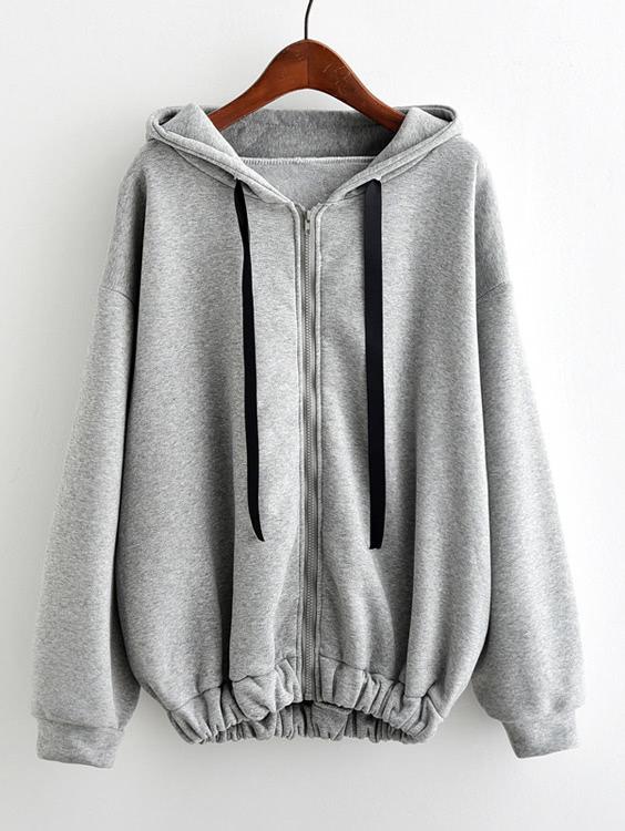Shein Hooded Drawstring Elastic Hem Zip Up Jacket