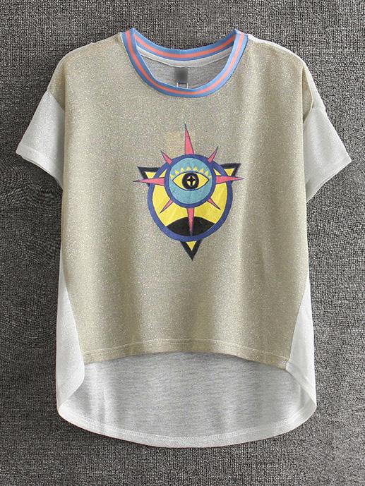 Shein Gold Printed Dipped Hem T-shirt