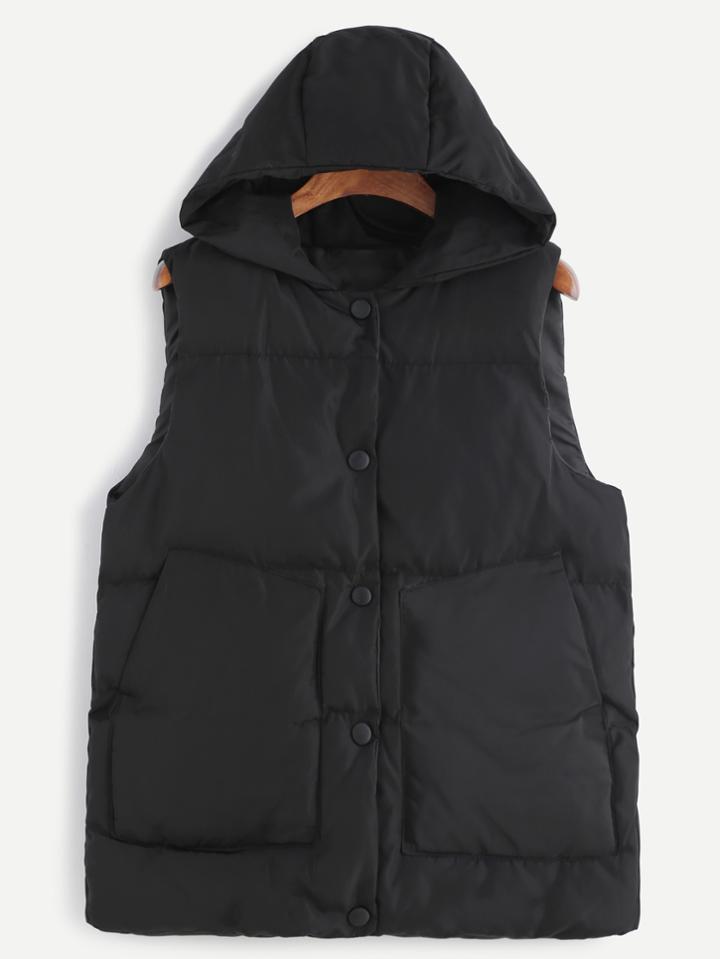Shein Black Dual Pocket Front Hooded Padded Vest Coat