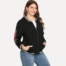 Shein Plus Flower Applique Striped Trim Jacket