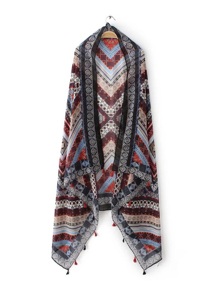 Shein Multicolor Tribal Print Tassel Trim Voile Scarf