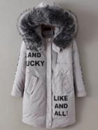 Shein Grey Printed Hooded Padded Coat With Contrast Faux Fur