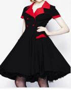 Rosewe Black Short Sleeve Turndown Collar A Line Dress
