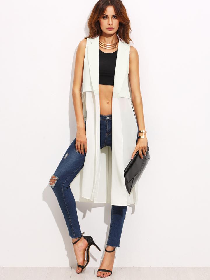 Shein Beige Sleeveless Lapel Split Side Long Outerwear