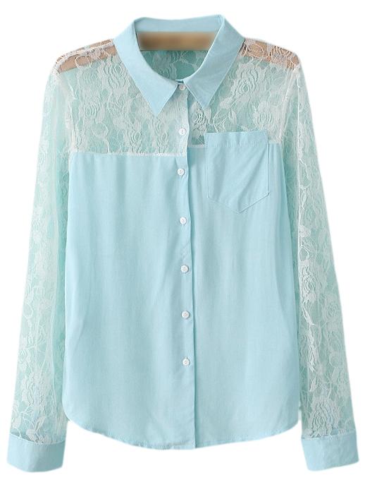 Shein Blue Pocket Buttons Front Lace Splicing Backless Blouse