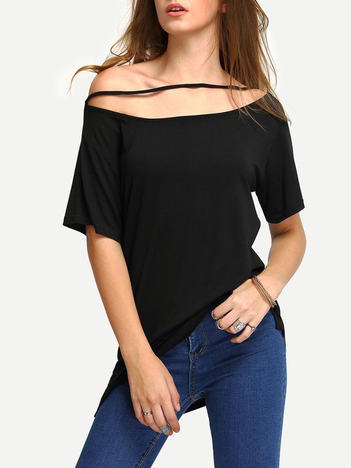 Shein Strappy Boat Neck Loose Fit T-shirt - Black