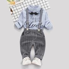 Shein Boys Beard Accessories Letter Print Shirt With Striped Overalls