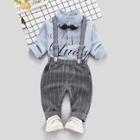 Shein Boys Beard Accessories Letter Print Shirt With Striped Overalls