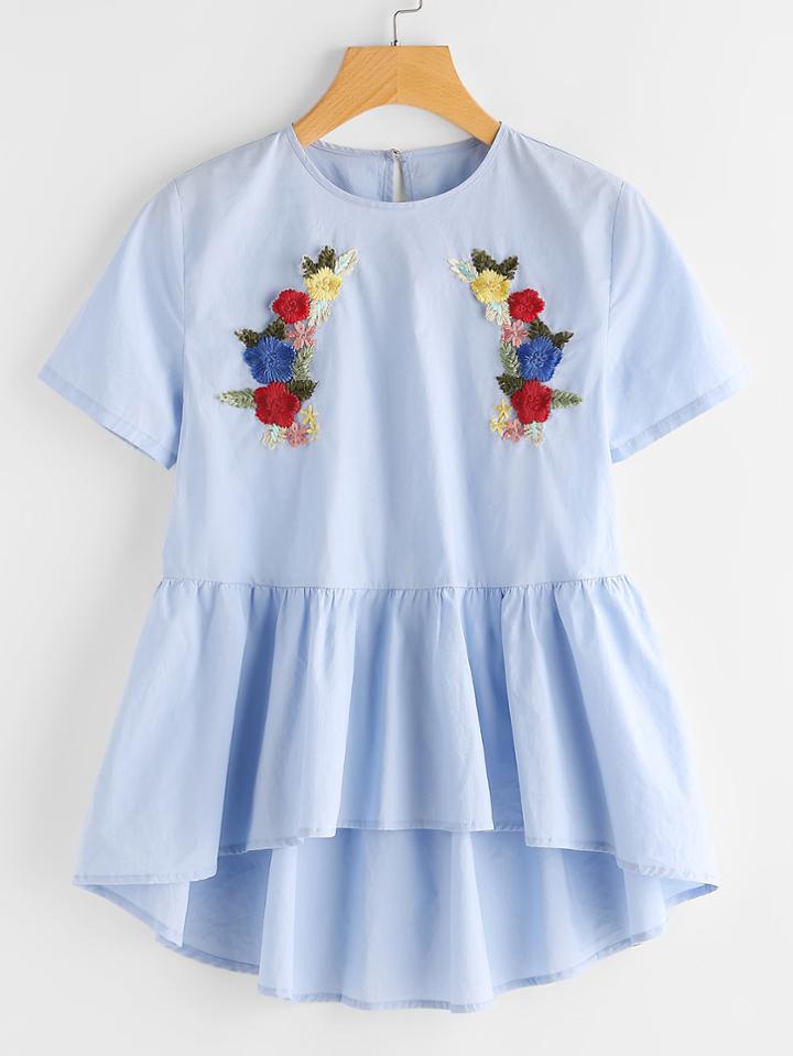 Shein Symmetric Flower Embroidery Keyhole Back Smock Top