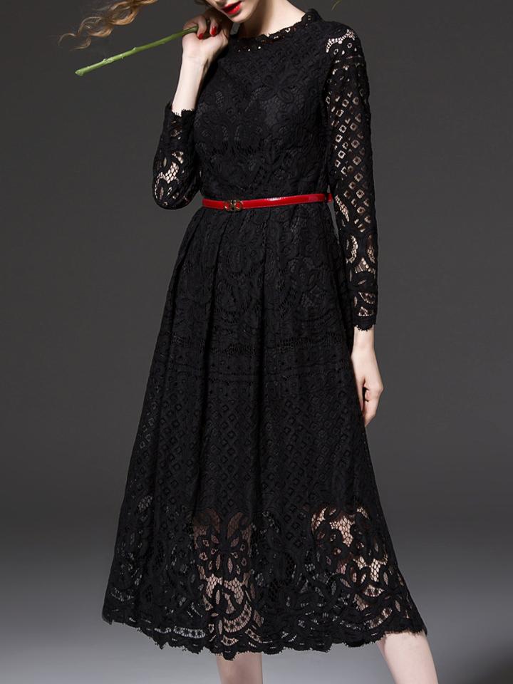 Shein Black Embroidered A-line Lace Dress