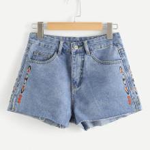 Shein Graphic Embroidered Denim Shorts