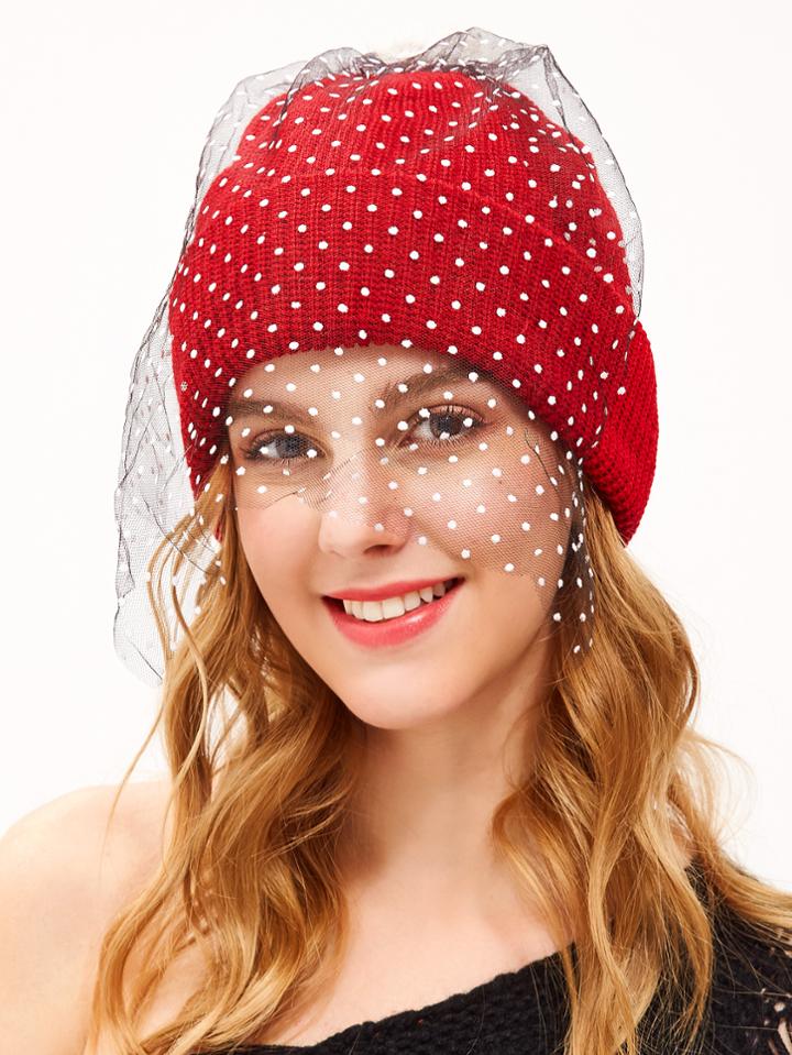 Shein Red Pom Pom Ribbed Knit Hat With Polka Dot Mesh