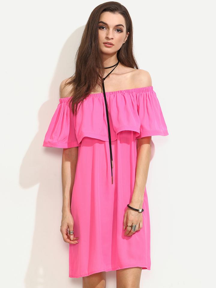 Shein Hot Pink Ruffle Off The Shoulder Shift Dress