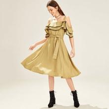 Shein Contrast Binding Ruffle Cold Shoulder Dress