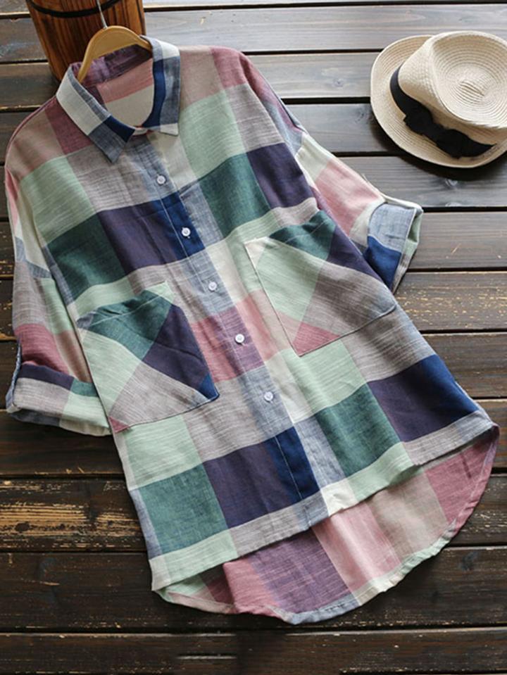 Shein Roll Sleeve Patch Pocket Detail Check Blouse
