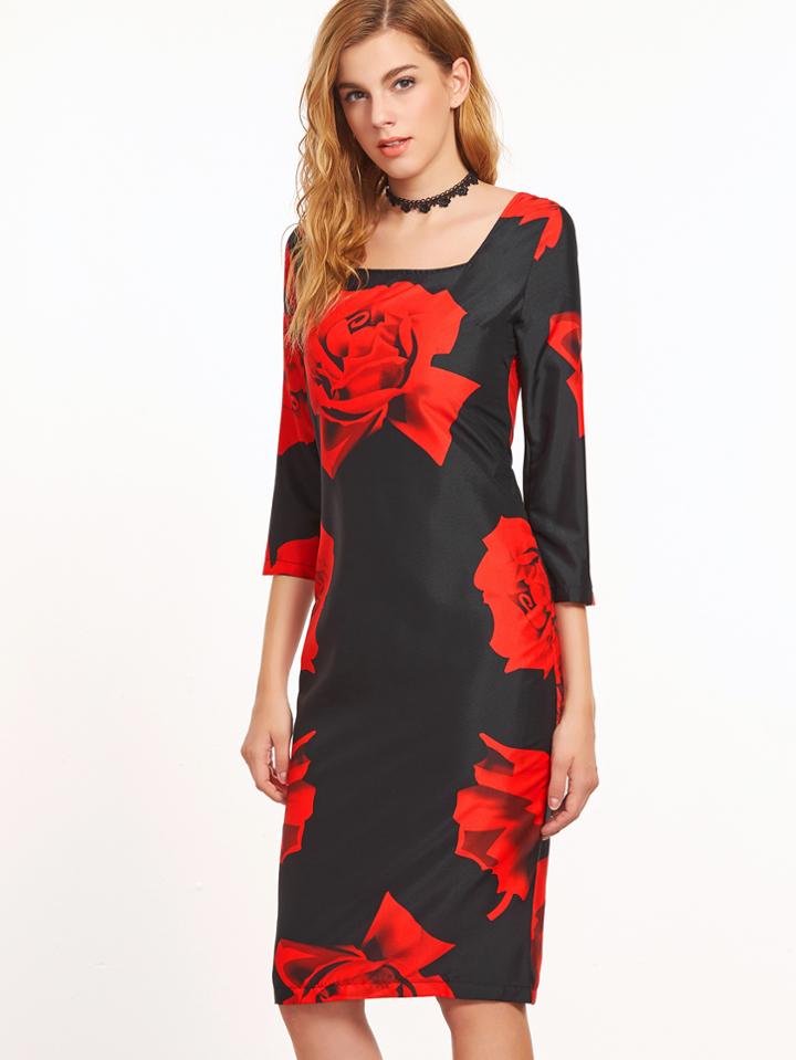 Shein Black Rose Print Square Neck Zipper Back Sheath Dress