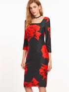 Shein Black Rose Print Square Neck Zipper Back Sheath Dress