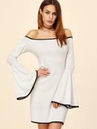 Shein White Contrast Binding Bell Sleeve Off The Shoulder Dress