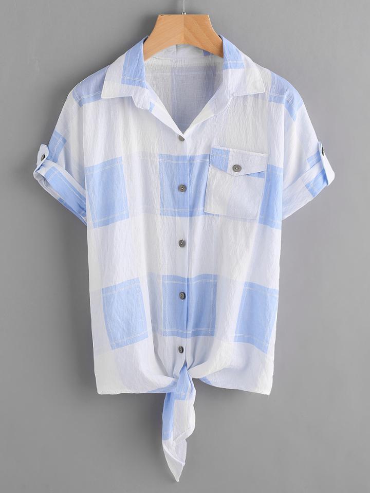 Shein Gingham Tie Front Rolled Cuff Shirt