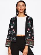 Shein Botanical Print Beading Fringe Cuff Open Front Blazer