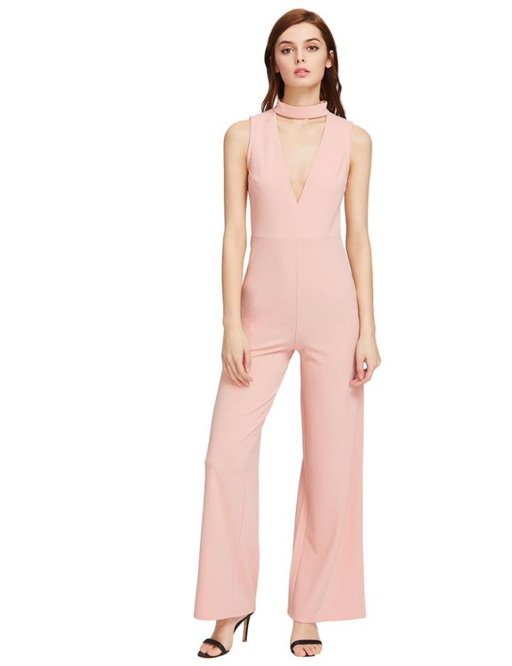 Shein Pink Choker Neck Sleeveless Jumpsuit