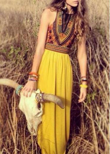 Rosewe Tribal Print Sleeveless Yellow Maxi Dress