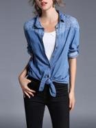 Shein Lace Contrast Yoke Roll Up Sleeve Denim Shirt