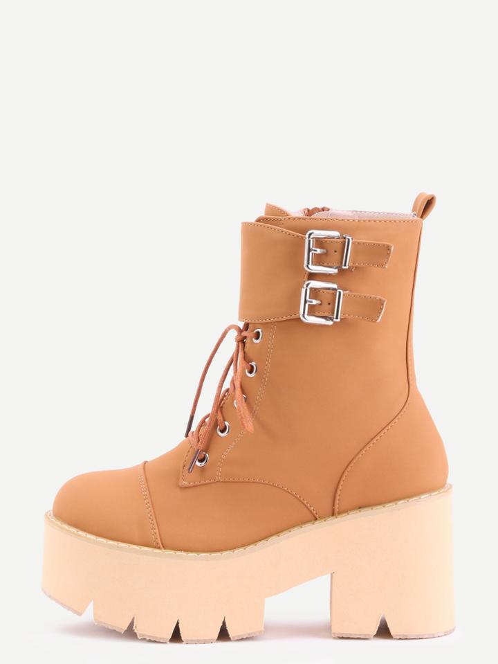 Shein Brown Nubuck Pu Cap Toe Lace Up Buckle Strap Platform Short Boots