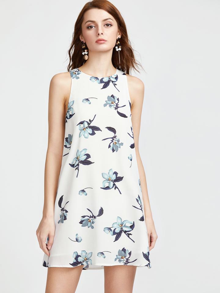 Shein Floral Print Buttoned Keyhole Tank Dress
