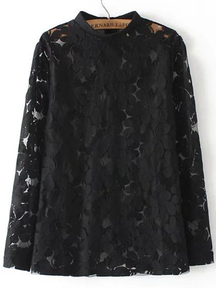 Shein Black Stand Collar Sheer Lace Blouse