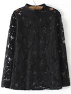 Shein Black Stand Collar Sheer Lace Blouse
