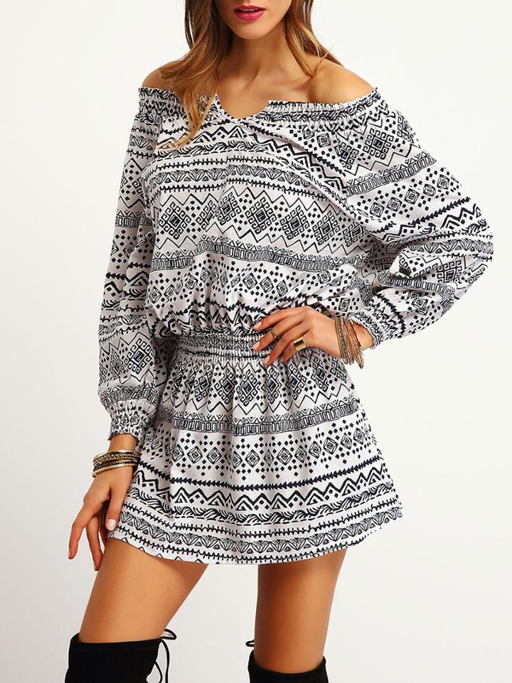 Shein Black White Round Neck Tribal Print Dress