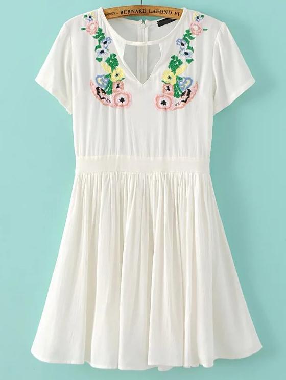 Shein White Floral Embroidery Cutout Dress