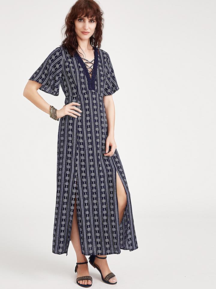 Shein V-neck Floral Print Crisscross M-slit Dress