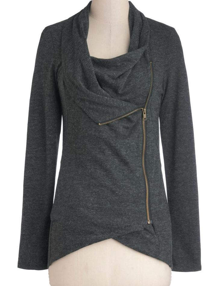 Shein Dark Grey Long Sleeve Asymmetric Zip Outerwear