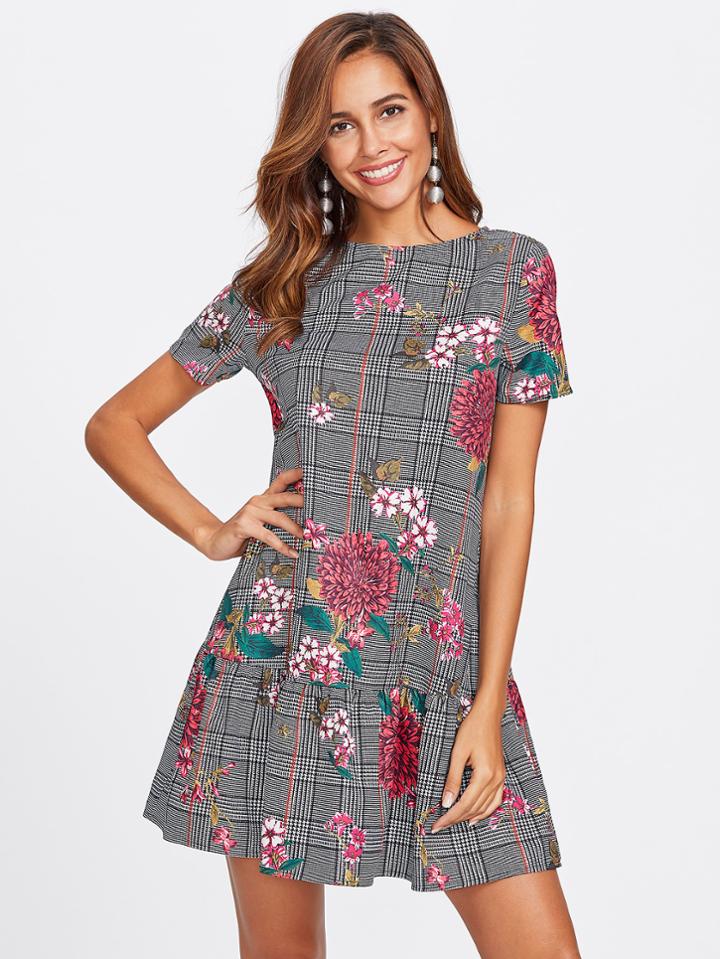 Shein Flower Print Plaid Smock Dress
