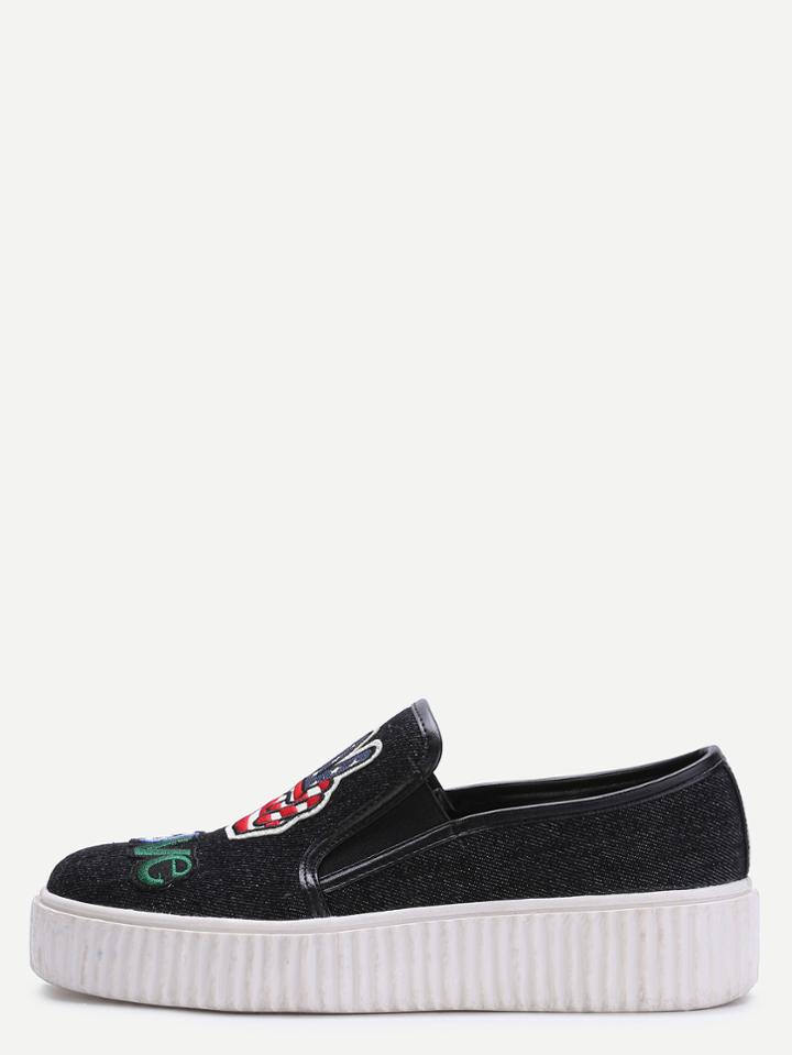 Shein Black Embroidered Rubber Sole Denim Sneakers