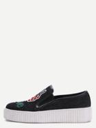 Shein Black Embroidered Rubber Sole Denim Sneakers