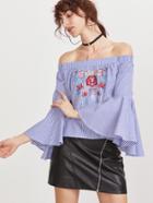 Shein Pinstripe Off The Shoulder Bell Sleeve Embroidered Top