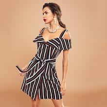 Shein Fold Over Button Detail Striped Dress