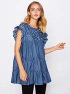 Shein Faux Pearl Beading Tiered Seam Chambray Blouse