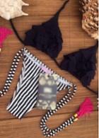 Rosewe Black Bra And Vertical Striped Thong Flouncing Bikini