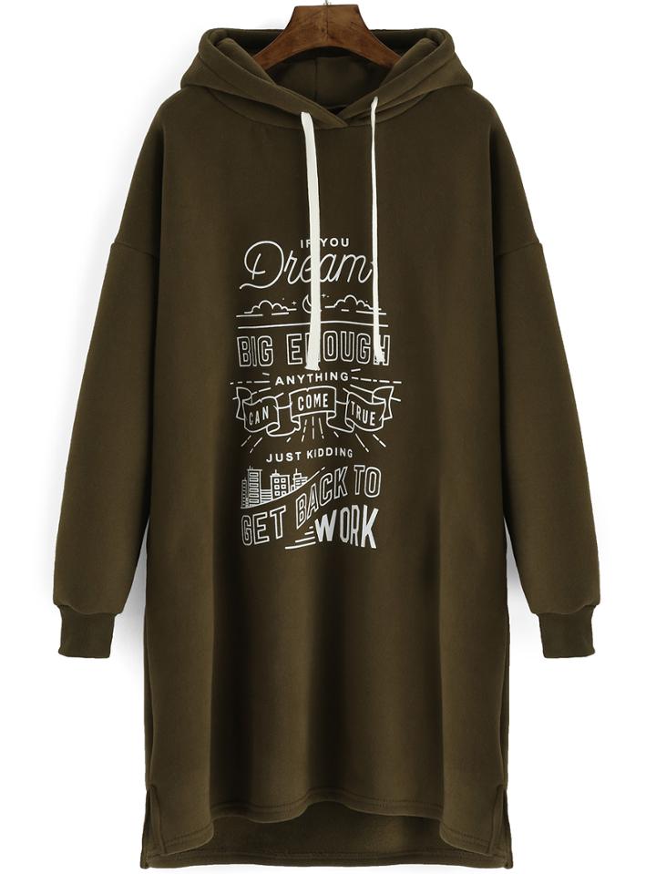 Shein Army Green Drawstring Hooded Letters Print Dress