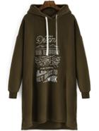 Shein Army Green Drawstring Hooded Letters Print Dress