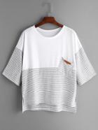Shein Light Grey Striped Contrast Yoke High Low T-shirt