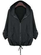Shein Black Hooded Zipper Loose Jacket